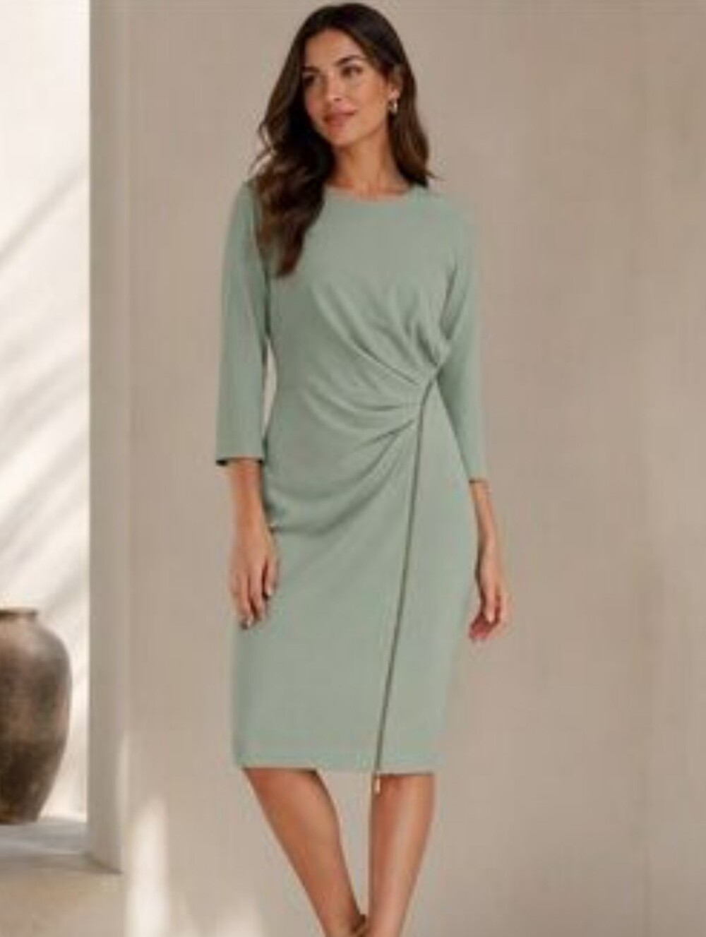 Calvin Klein Sage Green 3/4th Sleeve Twist-Front Sheath Zipper Front Dress Sz 12